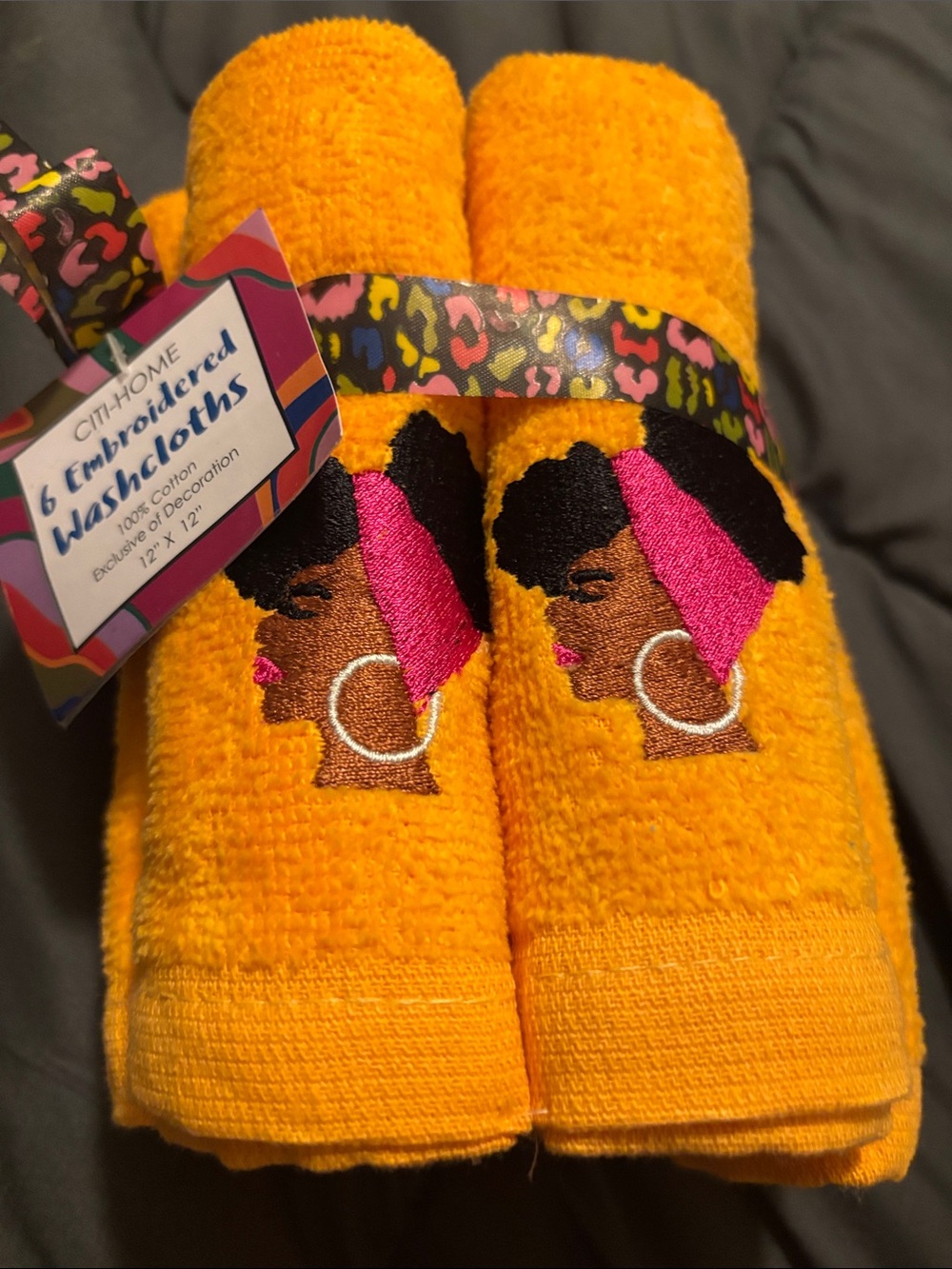 Embroidered Yellow Washcloths with Pink Headwrap Design